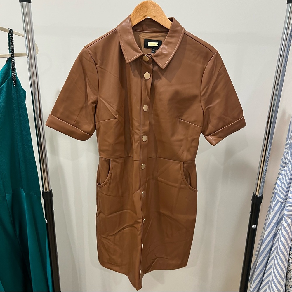 Alexia Admor Tan Faux Leather Dress with Gold Nameplate